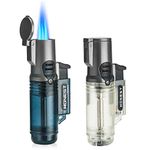 Navpeak Three Torch Lighter Triple Jet Windproof Flame Lighters Refillable Fuel Visible,2 Pack(Butane NOT Included) (Blue+Clear)