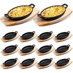 Mifoci 12 Sets Cast Iron Skillet with Wooden Base Mini Cast Iron Fajita Plates Oval Dish Tray Serving Sizzling Plate Cast Iron Pan for Baking Roasting Cooking Kitchen Restaurant,8.7 x 4.7 x 1.6 Inch