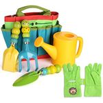 FITNATE Green Kids Garden Tools Set,6 PCS Garden Tools Including Watering Can, Shovel, Rake, Fork, Children Gardening Gloves and Garden Tote Bag, All in One Set (Caterpillar)