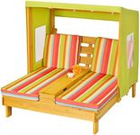 Costzon Kids Lounge Chair Outdoor, Wood Double Seat Chaise Lounge with Canopy, Cup Holders, Cushion, Backrest Recliner, Kids Patio Furniture, Gift for Boys Girls 3-8 Years Old