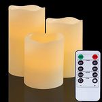 Flameless Battery Operated LED Candles:Real Wax Pillar with Remote Control Flickering Electric Fake Lights for Decoration Christmas Wedding Birthday Party Outdoor Votive Diwali Garden(Set of 3 Ivory)