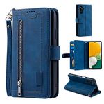 EYZUTAK Wallet Phone Case for Samsung Galaxy A15 4G/5G, Retro Matte 9 Card Holder Slots Zipper Pocket Case PU Leather Magnetic Closure Kickstand with Wrist Strap Folio Flip Case - Blue