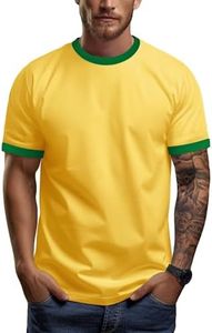 Ringer Tee Men Vintage Crewneck Athletic Retro T Shirts Short Sleeve Sport Jersey(Yellow/Green,XXL)