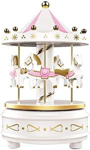 Carousel Music Box - Easy Twist, White - 4 Horse Classic Decor, Melody Beethoven's Fur Elise. Fall Asleep to Music Lights or Decorate Your Cake