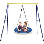 GYMAX Kids Swing Set, Heavy Duty Metal Swing Frame with Adjustable Round Swing, Outdoor Children Nest Swing Playset for Playground Garden Backyard (Navy Blue + Yellow)