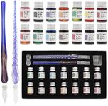 AXEARTE Glass Dip Pen Set, 18-Pieces Calligraphy Pens Set - 14 Color Inks, Pen Holder, Cleaning Cup, 2 Crystal Glass Pens for Art, Writing, Drawing, Signatures, Gift for Kids and Artist