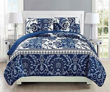 Fancy Collection 3pc King/California King Oversize Quilted Bedspread Coverlet Set Floral Navy Blue White New