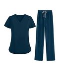 MEDSKIN Essential Scrubs Set for Women - Lightweight V-Neck Scrub Top & Yoga Waistband Trouser Pants (Caribbean Blue, M)