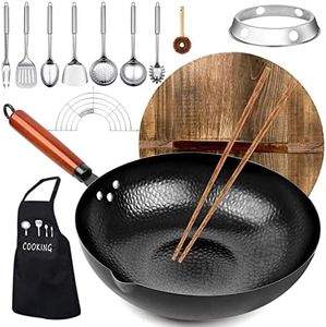 kaqinu Carbon Steel Wok Pan, 14 Piece Woks & Stir-Fry Pans Set with Wooden Lid Cookwares, No Chemical Coated Flat Bottom Chinese Pan for Induction, Electric, Gas, Halogen All Stoves - 12.6''