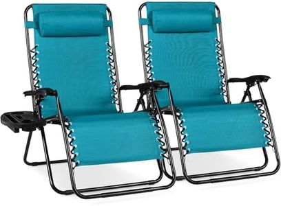 Best Choice Products Set of 2 Extra Wide Adjustable Steel Mesh Zero Gravity Lounge Chair Recliners w/Pillows and Cup Holder Trays - Peacock Blue