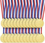 Juvale 24 Pack Gold Winner Medals for Kids and Adults - Participation Awards with 15.3-Inch Red, White, and Blue Neck Ribbons for Sports, Tournaments, Competitions (Metal, 1.5 in)