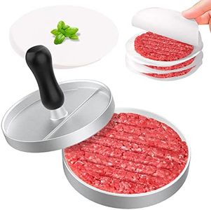 GeeRic Burger Press 100 Patty Papers Set, Aluminum Non-Stick Hamburger Press with 100 Bonus Patty Papers (Wood Handle)