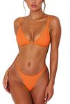 ForBeautyShe Women's Sexy Thong Bottom Two Piece Bikini Double Shoulder Straps Cute Swimsuit Triangle Bathing, Orange, Medium