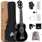 Winzz Soprano Ukulele Starter Kit For Beginners with Bag, Clip-On Tuner, Extra Strings, Strap, Plectrum, Fret Stickers, Chords Card, Polishing Cloth, Black