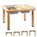 FUNLIO Wooden Sensory Table with 2 Bins for Toddlers 1-5, 4-Level Height Adjustable Kids Sensory Table with Anti-Warping Plywood Lid, Indoor/Outdoor Play Sand and Water Table, CPC Certified