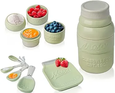 Vintage Mason Jar Kitchenware Set by Comfify - Multi-Piece Kitchen Ceramic Décor Set w/ 4 Measuring Cups, 4 Measuring Spoons and Spoon Rest - Attractive Vintage Style, in Green Embossed Ceramic