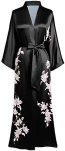 BABEYOND Kimono Robe Cover up Long Floral Satin Sleepwear Silky Bathrobe Bachelorette Robe, Obsidian, One Size