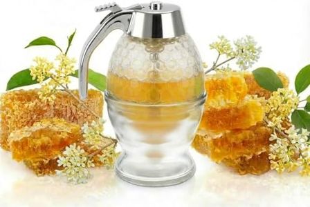 Mllzhauib Honey Dispenser, No Drip Glass with Stand, Maple Syrup Honey Container, Elegant Honeycomb Design for Home Decor for Any Occasion