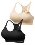 HOFISH Women Racerback Sports Bras Medium Support Wireless Workout Gym Activewear Padded Bra Two Pack Black&Beige L