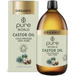 Pure World Natural Organic Castor Oil 1000ml Premium Quality Cold & Fresh Press Glass Bottle Hexane Free for Hair, Skin - Ideal for Moisturizing, Conditioning, and Eyelashes & Eyebrows- Food Grade