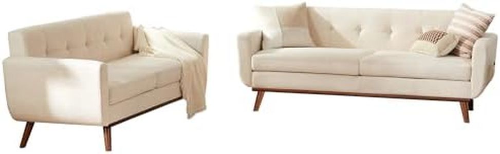 Kingfun 2 Piece Loveseat and Sofa Sets, Mid Century Modern Decor Love Seat Couches for Living Room, Button Tufted Upholstered Furniture, Easy to Install Small Couch for Bedroom, Office, Beige