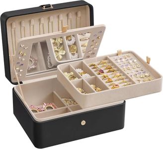 SONGMICS Jewelry Box with Mirror, 2-Layer Jewelry Holder Organizer, Travel Jewelry Case, Removable Jewelry Tray, 6.9 x 8.7 x 4.3 Inches, Earring Necklace Storage, Gift Idea, Ink Black UJBC200B01