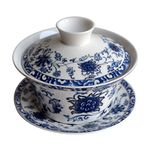 YXHUPOT Gaiwan Blue White Porcelain Teacup Sancai Tea Cup Saucer Cover Set Lotus (300ml Lotus)