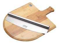 KitchenCraft World of Flavours Wooden Pizza Board and Mezzaluna Pizza Cutter Set, Brown