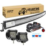 RIGIDON Curved 52 inch 675W Led Light Bar With 1 Pcs 12V 2 Lead Wiring Harness Cable Kit, 2 Pcs 4inch 60W Led Work Light for Car Off road Truck Tractors SUV 4x4, Flood Spot Combo Beam, 6000K White