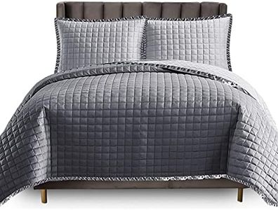 Prime Linens Quilted Comforter Double Bedspreads & Coverlets 100% Cotton Beautiful Silk Border Complete Quilt Bedding Set with 1x Bedspread + 2 Pillow Shams (Osca Grey)