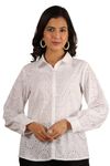 Juniper White Cotton Schiffli Solid Button-Up Design Shirt with Broad Cuff for Women