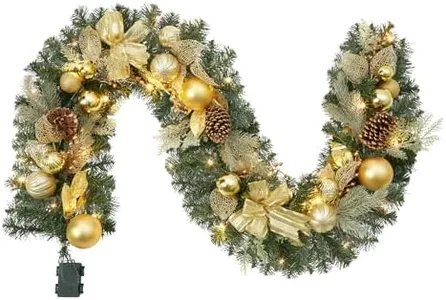 GarveeHome 6 Ft Christmas Garland, Pre-Lit Artificial Xmas Garland with 20 LED Lights, Battery Operated Rattan Christmas Decoration with Gold Bows, Ball Ornaments, Pine Cones, Gold