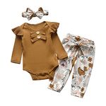 Newborn Baby Girls Clothes Outfits Infant Long Sleeve Romper Ruffle Floral Pants Headband Set Brown (6-9 Months)