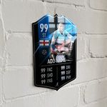 ShopQuality4U Mirror Finish Personalised Football Card Player Stats Shield - Blue Background Printed Metal Shield Sign Wall Art A5 Player Add Name (12x20cm)