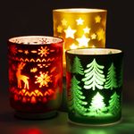 Rancco Tealight Candle Holders for Christmas, 3 Color Indoor Xmas Decor Tea Light Candle Jar for Centerpieces & Party Decoration, Votive Candle Holders w/Elk, Christmas Tree, Stars Designs,3.3x2.6in