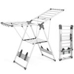 COSTWAY Folding Clothes Drying Rack, 2-Level Winged Clothes Airer Dryer Hanger with Height-Adjustable Gullwing, 10 Sock Clips and Shoe Holder, Indoor Outdoor Freestanding Steel Laundry Rack