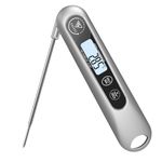 DOQAUS Meat Thermometers, 3S Instant Read Food Thermometer, Accurate Meat Thermometer Probe With Backlight, Foldable Long Probe & Auto On/Off, Cooking Thermometer for Kitchen, BBQ, Water, Milk(Silver)