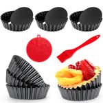 Quyimy 8 Packs Tart Tins 1.2'' Deep Quiche Dish Tart Pans 4'' Removable Bottom Round Fluted Quiche Tins Non-Stick Round Carbon Steel Individual Pie Dishes with Oil Brush&Silicone Scrubber(10x3cm)