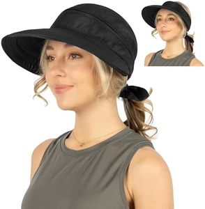 SUN CUBE Women Sun Hat for Outdoor UV Protection, Wide Brim Sun Hat Ponytail, Convertible Zip-Off Beach Hat Visor for Golf Gardening Pool Travel, Foldable Summer UPF50+ Visor Hat, Black