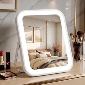 Vanity Mirror with Lights, 10"×8" Makeup Mirror with lights, 1500mAH Battery, Smart Touch with 3-Color Lighting, Dimmable, 360° Rotation, HD Desk Mirror, Women Gift, Travel Essentials (White)