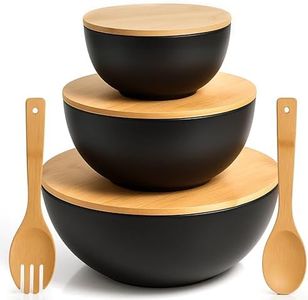 Vdomus Salad Serving Bowls with Lids - 5x10x10-Inch Bamboo Fiber Bowl Set with Wooden Lids - Multi-Purpose Bowl and Board Set for Kitchen - Mixing Bowl Set for Serving and Preparing Food - Set of 3