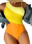 Meetall Women's Color Block One Shoulder 1 Piece Swimsuit with Removable Straps Cutout Back, Yellow, Medium