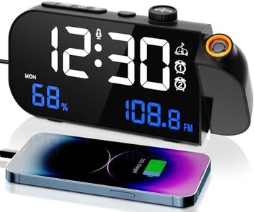 VOSFEEL Projection Alarm Clock Beside, Projector clock with FM Radio, Temperature Humidity Display, Adjustable Brightness, Snooze, USB & Type-C