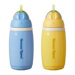 Tommee Tippee Insulated Active Straw Cup, 266ml, Spill-Proof Toddler Water Bottle for 12 Months+, Flip Lid Helps Keep Straw Clean, Blue and Yellow, 2 Pack