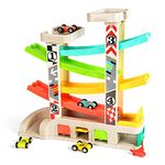 TOP BRIGHT Toddler Toys Car Race Tracks for Boys - 2 3 Year Old Gifts - Car Ramp Racer Playset with 4 Wooden Cars Mini Racers, Gas Station, Auto Repair Shop & 2 Car Parking Garage