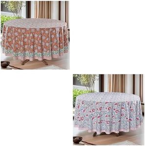 Ridhi Hand Block Printed Round Cotton Tablecloth Set of 2 – Dark Salmon & Flamingo Pink – 110 Inch Reusable Dining Table Covers for Wedding, Farmhouse, Fall, Thanksgiving, Party & Home Decor
