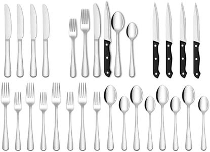 SHEUMNT 24-Piece Silver Silverware Set with Steak Knives, Stainless Steel Cutlery, Food Grade Flatware Set Service for 4, Mirror Polished Tableware for Home Restaurant