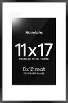 Homeforia - 11x17 inch Metal Picture Frame - 11 x 17 Aluminum Photo Frames - 8x12 Mat - Tempered Glass - Wall Hook Included - Set of 1 - Black