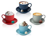 4 oz. Espresso Cups Set of 4 with Matching Saucers - Premium Porcelain, 8 Piece Gift Box Demitasse Set - Red, Blue & Cream – Italian Caffè Mugs, Turkish Coffee Cup – Lungo Shots, Dopio Double Shot