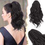 BARSDAR Claw Clip Ponytail Extension - 14 Inch Short Wavy Black Ponytail Hair Extensions for Women - Soft Synthetic Clip In Pony Tails Hairpieces Daily Party Halloween - Natural Black